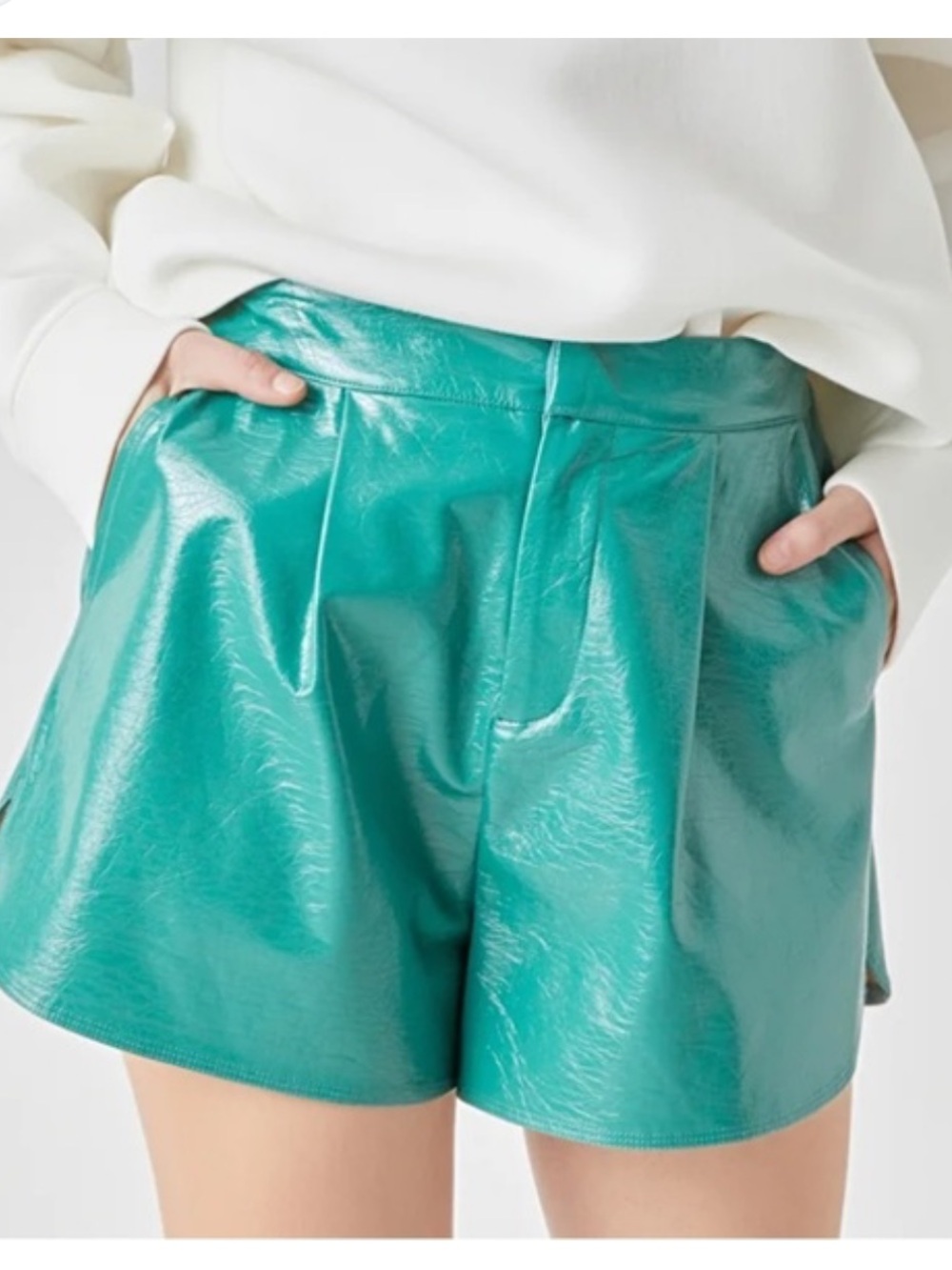 GREY LAB | High Waist Glossy Faux Leather Green Shorts XS